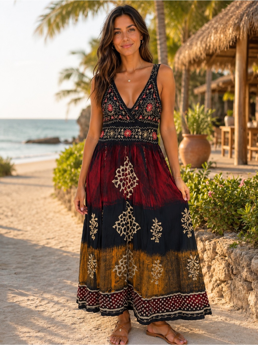 Shoreline Boho maxi dress with floral embroidery blue and red One Size